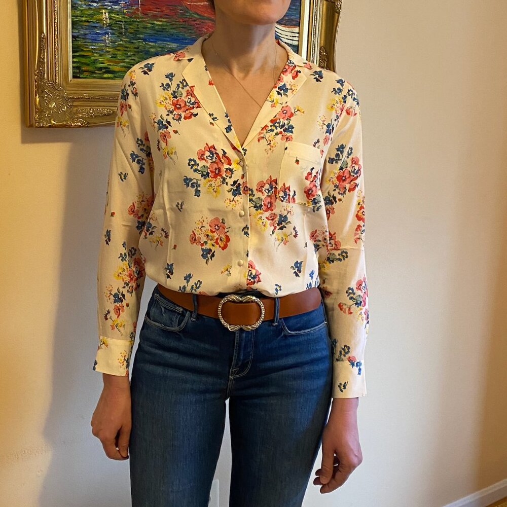 Sezane Florence Silk Shirt - Sz 38 (US 6) -  Imprimé Bouquet sur fond Écru Rosé